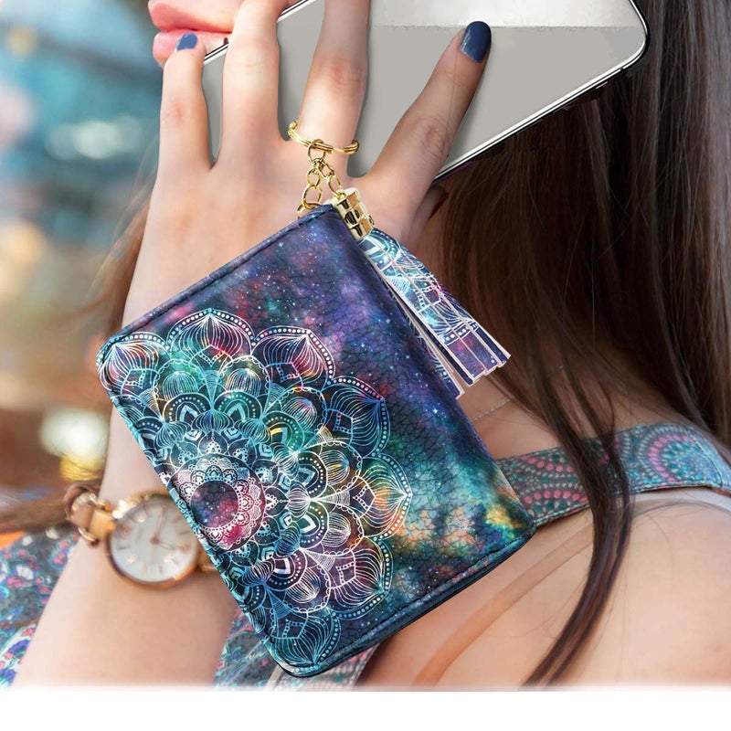 Coco Rossi Women's Small Credit Card Wallet RFID Cute Mandala Card Holder for Women with Keychain, Lace Nebula - Image 5